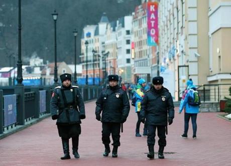 SOCHI, RUSSIA - JANUARY 31: Police security patrol the Rosa Khutor Mountain Cluster village ahead of the Sochi 2014 Winter Olympics on January 31, 2014 in Rosa Khutor, Sochi. (Photo by Getty Images/Getty Images)
