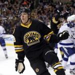 Boston Bruins left wing David Pastrnak celebrates his goal against the Tampa Bay Lightning during the second period of an NHL hockey game in Boston, Tuesday, Jan. 13, 2015. (AP Photo/Elise Amendola)