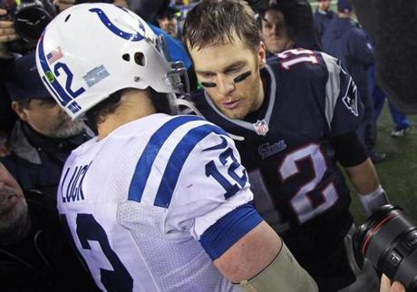 Patriots quarterback Tom Brady (right) has been on the receiving end of Colts quarterback Andrew Luck?s congratulations all three times they have played. 
