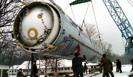 18loosenukes - In this Wednesday, Dec. 24, 1997 file photo, soldiers prepare to destroy a ballistic SS-19 missile in the yard of the largest former Soviet military rocket base in Vakulenchuk, Ukraine, 220 kilometers (137 miles) west of Kiev. The U.S. helped Ukraine and other ex-Soviet nations secure former Soviet nuclear weapons and dismantle some of them under the Cooperative Threat Reduction Program initiated by Sens. Sam Nunn and Richard Lugar. (Associated Press)
