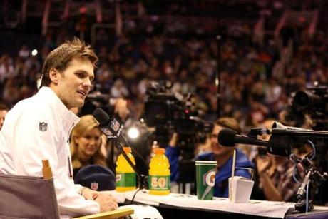 It took about 40 minutes before Tom Brady was really pressed about Deflategate during media day.

