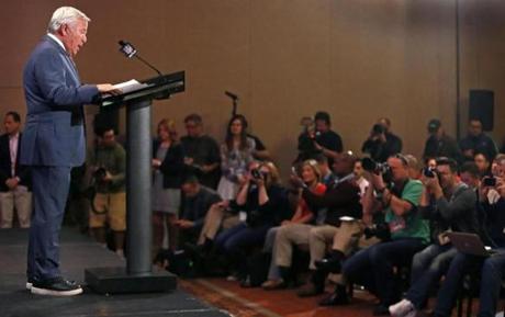 01/25/15: Chandler, AZ: The Patriots held a press conference at the Sheraton Wild Horse Pass Resort and Spa, their headquarters for the week. Team owner Robert Kraft made a surprise trip to the podium and addressed the 