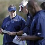 New England Patriots head coach Bill Belichick, left, talks with assistants during practice Wednesday, Jan. 28, 2015, in Tempe, Ariz. The Patriots play the Seattle Seahawks in NFL football Super Bowl XLIX Sunday, Feb. 1, in Glendale, Ariz. (AP Photo/Mark Humphrey)