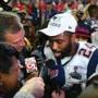 GLENDALE, AZ - FEBRUARY 01: Darrelle Revis #24 of the New England Patriots talks to the media after defeating the Seattle Seahawks 28-24 to win Super Bowl XLIX at University of Phoenix Stadium on February 1, 2015 in Glendale, Arizona. (Photo by Elsa/Getty Images)