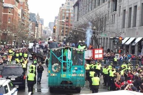 The Super Bowl victory parade is making its way through Boston.
