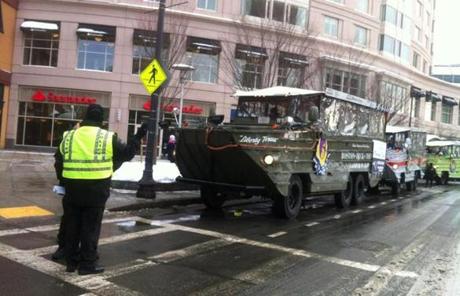 The duck boats were ready and waiting at the Prudential.
