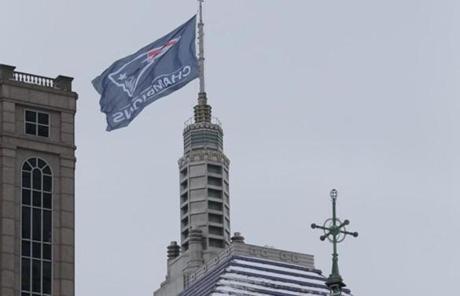 A Patriots flag flew from the top of the Berkeley Building.
