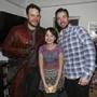 Actors Chris Pratt, left, dressed as Star-Lord, and Chris Evans, right, pose with Emma Botting, 11, of Eastford, CT during a visit to Christopher's Haven in Boston on Friday, Feb. 6, 2015 after Pratt's Seattle Seahawks lost to Evans' New England Patriots in Super Bowl XLIX. Christopher's Haven (www.christophershaven.org) provides a supportive community of temporary apartments and a recreation area for families of children being treated for cancer in Boston hospitals. (Brita Meng Outzen/Christopher's Haven)