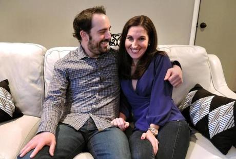 ?My boyfriend just sent me a confirmation e-mail with tickets for Valentine?s Day. I don?t think he?s a willing participant, but he?s taking one for the team,? said Meghan Daly, 29, from Avon, shown with her boyfriend, Paul Anderson.
