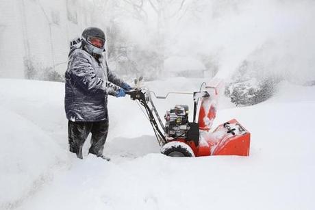 Undaunted by Sunday?s blizzard, Michael McDonough of Belmont used his brand-new snow blower to clear his driveway of the latest accumulation.
