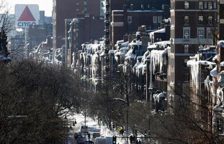 Icicles hung from buildings on Beacon Street on Monday. 
