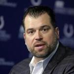 Indianapolis Colts General Manager Ryan Grigson declines to answer a question about deflated footballs used by the New England Patriots in the AFC Championship game during a press conference at the NFL football team's practice facility in Indianapolis, Friday, Jan. 23, 2015. The Colts lost to the Patriots in last Sunday's AFC Championship. (AP Photo/Michael Conroy)