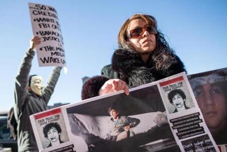 A handful of Tsarnaev supporters protested outside the Moakley Courthouse in October.
