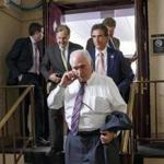  Representative Mike Kelly of Pennsylvania (center) and other House Republicans emerged Thursday from a closed-door meeting over Homeland Security funding.
