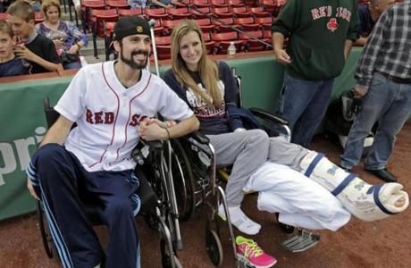 Pete DiMartino and Rebekah Gregory appeared at Fenway Park after the bombing.
