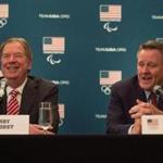 December 16, 2014; Redwood City, CA, USA; USOC chairman Larry Probst (left) and USOC chief executive officer Scott Blackmun (right) address the media in a press conference following the USOC board of directors meeting at Hotel Sofitel San Francisco. Mandatory Credit: Kyle Terada-USA TODAY Sports