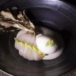 Slices of raw scallop with mushroom mousse and yuzu sorbet. 