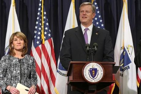 Governor Charlie Baker, with Lieutenant Governor Karyn Polito, unveiled his state budget proposal on Wednesday.

