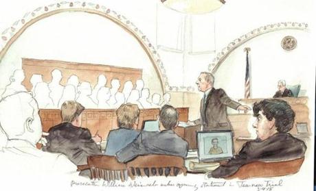 Prosecutor William Weinreb made his opening statement Wednesday as Dzhokhar Tsarnaev, at right, watched. 
