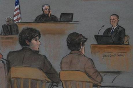 Bill Richard (right) is depicted in a courtroom sketch while testifying during the federal death penalty trial of Dzhokhar Tsarnaev.
