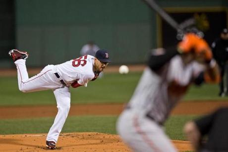 Boston, MA 9/8/2014 Boston Red Sox starting pitcher Joe Kelly delivers a pitch toBaltimore Orioles Adam Jones during first inning action at Fenway Park on Monday September 8, 2014. (Matthew J. Lee/Globe staff) Topic: 09Red Sox-Orioles Reporter: Peter Abraham
