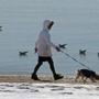 Snow was lingering for this person and her dog Monday at Carson Beach in Boston.
