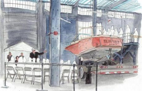 A sketch depicted jurors examining the boat in which Dzhokhar Tsarnaev was captured.

