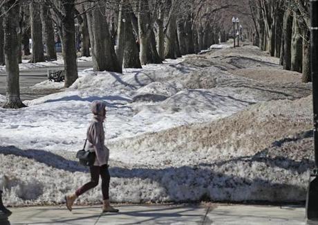 Reminders of a record winter are all around in Boston, including along Commonwealth Avenue.
