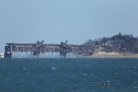A portion of the Long Island Bridge was demolished today.
