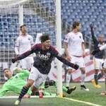 Foxborough MA 3/28/15 New England Revolution Kelyn Rowe reacting after scoring his second goal of the game beating the San Jose Earthquakes goalie David Bingham during first half action at Gillette Stadium on Saturday March 28, 2015. (Matthew J. Lee/Globe staff) Topic: Reporter: 