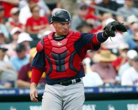 Boston Red Sox catcher Christian Vazquez (7) is shown against the St. Louis Cardinals in an exhibition spring training baseball game Monday, March 9, 2015, in Jupiter, Fla. Boston won 3-0. (AP Photo/John Bazemore) 
