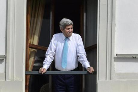 Secretary of State John Kerry looked out of his hotel window in Lausanne, Switzerland on Wednesday.
