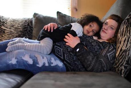 In St. Albans, Vt., Stephanie Robtoy, sober for six months, rested at home with her daughter, Aubriella, 3.
