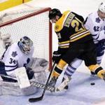 Boston, MA - 04/04/15 - Loui Eriksson (21) of the Boston Bruins can't get off a shot as he looks for the rebound late in the game. The Boston Bruins take on the Toronto Maple Leafs at TD Garden. - (Barry Chin/Globe Staff), Section: Sports, Reporter: Fluto Shinzawa, Topic: 05Bruins-Maple Leafs, LOID: 8.0.3762172327. 