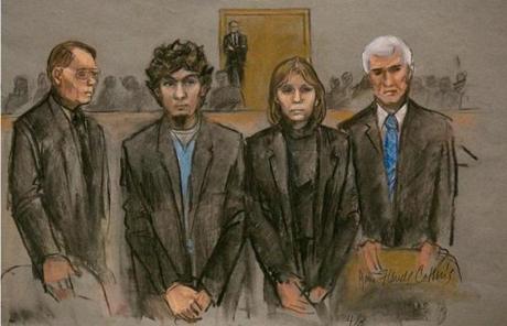 A courtroom sketch shows Boston Marathon bombing suspect Dzhokhar Tsarnaev (2nd L) and his defense team as the verdict is read at the federal courthouse in Boston, Massachusetts April 8, 2015. Tsarnaev was found guilty on Wednesday of the 2013 Boston Marathon bombing that killed three people and injured 264 others, and the jury will now decide whether to sentence him to death. REUTERS/Jane Flavell Collins NO SALES. NO ARCHIVES. FOR EDITORIAL USE ONLY. NOT FOR SALE FOR MARKETING OR ADVERTISING CAMPAIGNS
