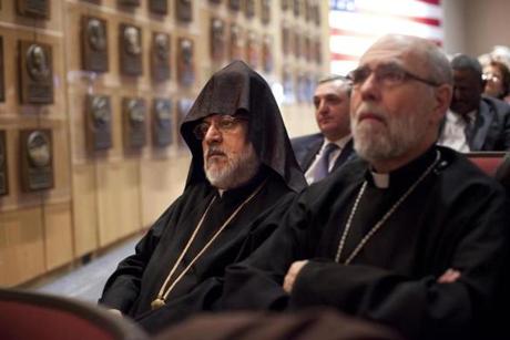 04/12/2015 - Lexington, MA - At left is Archbishop Oshagan Choloyan, cq, and at right is Rev. Archpriest Antranig Baljian, cq, of St. Stephen's Armenian Apostolic Church in Watertown, MA. National Heritage Museum - The Near East Foundation Event featured a one-day exhibit on 