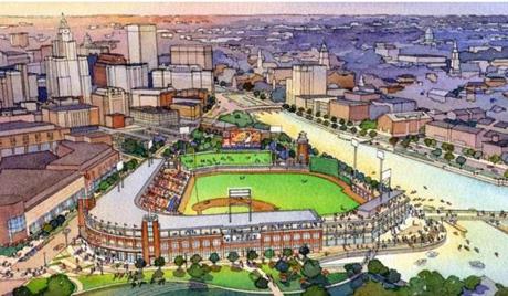 A rendering of an aerial view looking north of the proposed new ballpark in downtown Providence.
