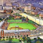 A rendering of an aerial view looking north of the proposed new ballpark in downtown Providence.