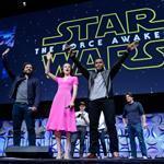 Cast members (left to right) Oscar Isaac, Daisy Ridley, and John Boyega of ?Star Wars: The Force Awakens? acknowledged fans at the kickoff event during Disney?s Star Wars Celebration 2015 at the Anaheim Convention Center.