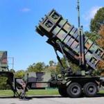A Patriot missile launcher sat on display at the entrance to Raytheon's Integrated Air Defense Center in Andover.