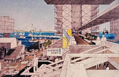 Expo 76 plans called for floating platforms on boston Harbor built around a water plaza.
