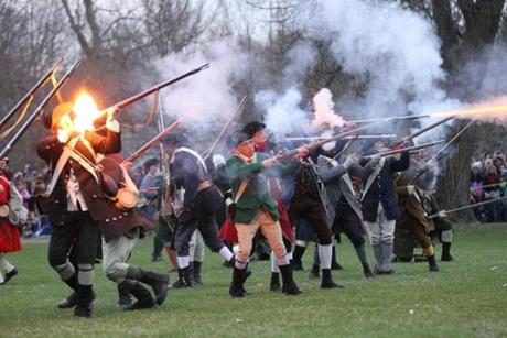 The Minutemen fired during a re-enactment of the Battle of Lexington. 
