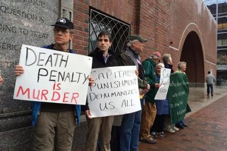 Demonstrators were seen outside federal court at the start of the first day of the penalty phase in the Boston Marathon bombing trial. 
