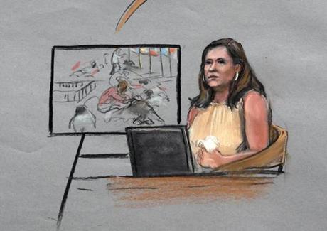 Celeste Corcoran is depicted in a courtroom sketch on the first day of the penalty phase in the trial of Boston Marathon bomber Dzhokhar Tsarnaev.
