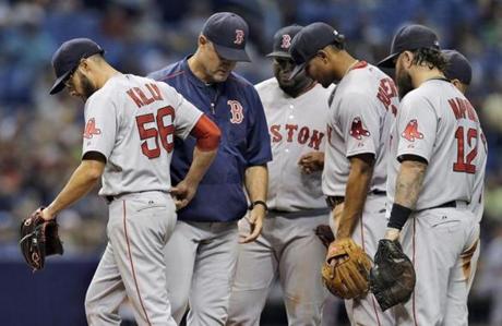Red Sox starter Joe Kelly didn?t record an out in the sixth inning as the Rays rallied.
