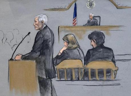 In a courtroom sketch, defense attorney David Bruck is depicted addressing the jury during the penalty phase in the trial of Dzhokhar Tsarnaev.
