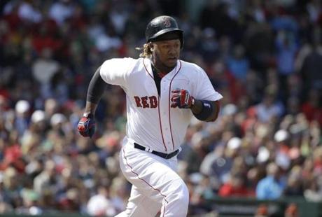 Boston Red Sox's Hanley Ramirez runs toward first base during the third inning of a baseball game against the Baltimore Orioles Sunday, April 19, 2015, in Boston. (AP Photo/Steven Senne)

