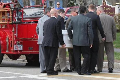 Danny Nickerson?s casket arrived in a Wrentham Fire Department pump truck from 1926.
