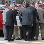 Danny Nickerson?s casket arrived in a Wrentham Fire Department pump truck from 1926.