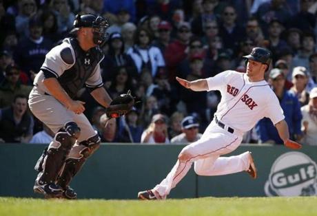 Boston Red Sox's Blake Swihart, right, scores on a double by Mookie Betts as New York Yankees' Brian McCann, left, waits for the throw during the seventh inning of a baseball game in Boston, Saturday, May 2, 2015. (AP Photo/Michael Dwyer)
